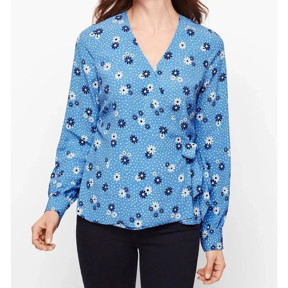 Talbots Womens Petite XLarge Daisy Viscose Wrap Blouse Blue Floral Long Sleeve - Picture 1 of 3